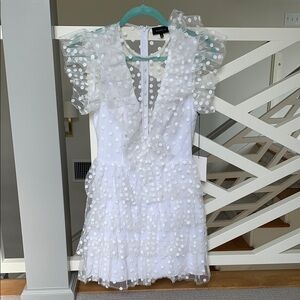 Majorelle White Ruffled Dress with Polka Dot Overlay